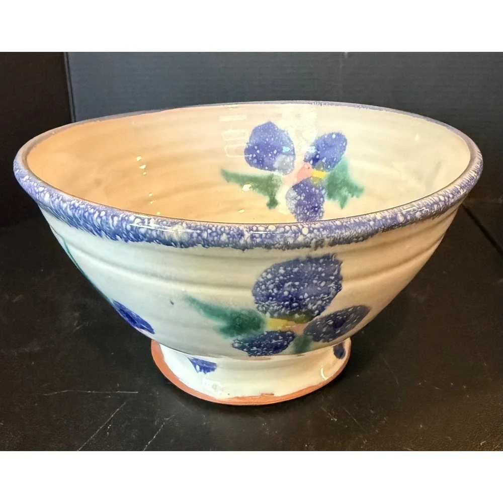 Studio Art Pottery Hand Painted Floral Bowl Blue White Signed 1992 Cottage Boho